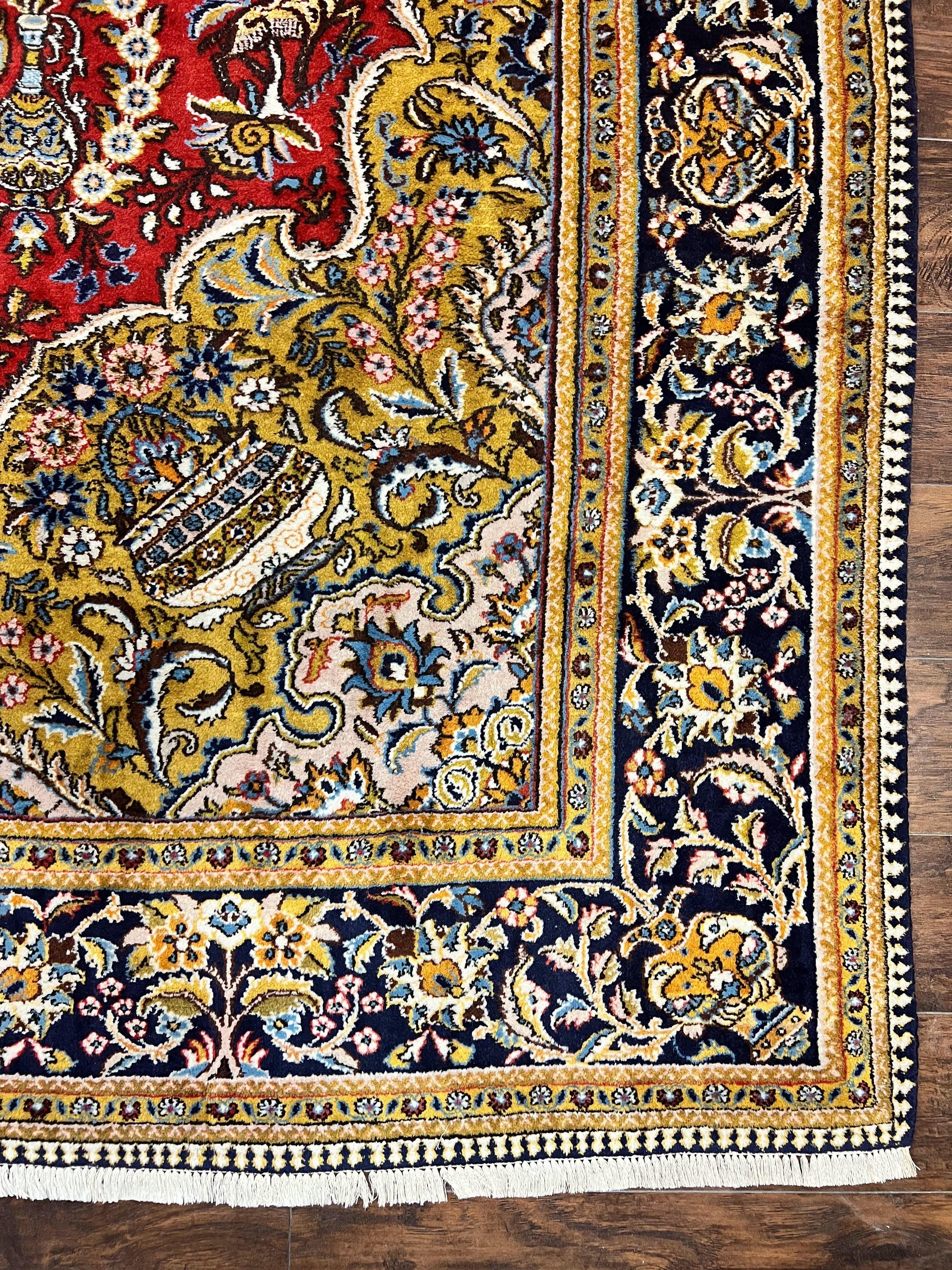 Wonderful Persian Qum Rug 10x14, Wool w/ Silk Highlights, Hand Knotted Semi Antique Vintage Carpet, Red, Floral, Fine Weave, Birds Deer Pictorials by Jewel Rugs