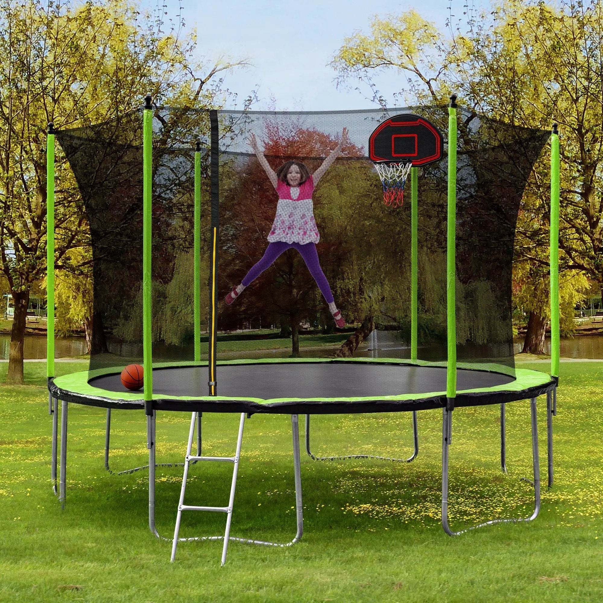 14Ft Trampoline With Basketball Hoop Inflator And Ladder (Inner Safety Enclosure) - Green by HouseOfZazla