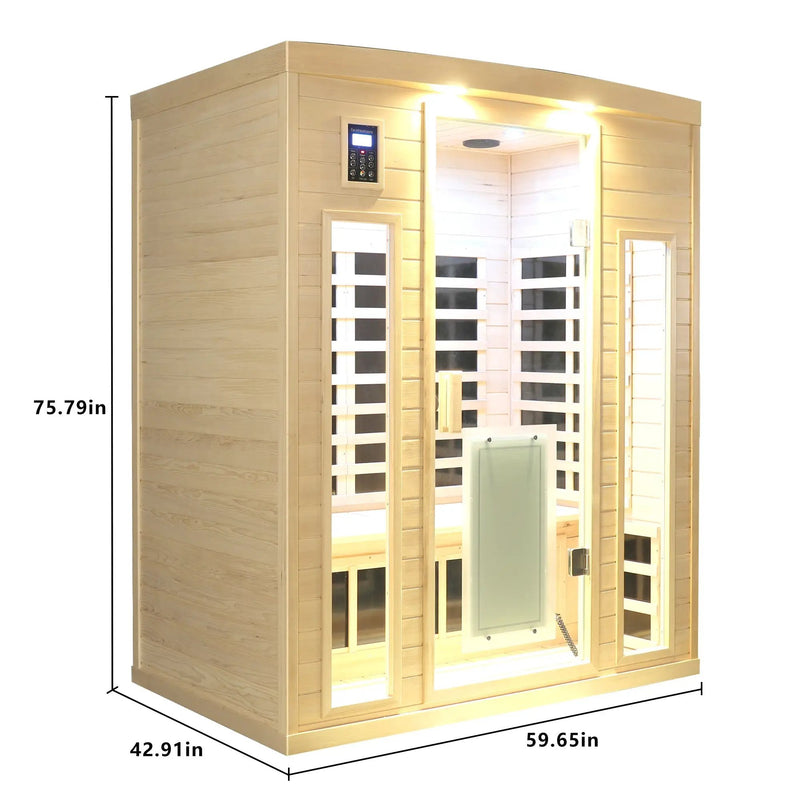 Low EMF, There is also a heating plate on the glass door, Hemlock wood Far-infrared indoor Three person sauna room by HouseOfZazla
