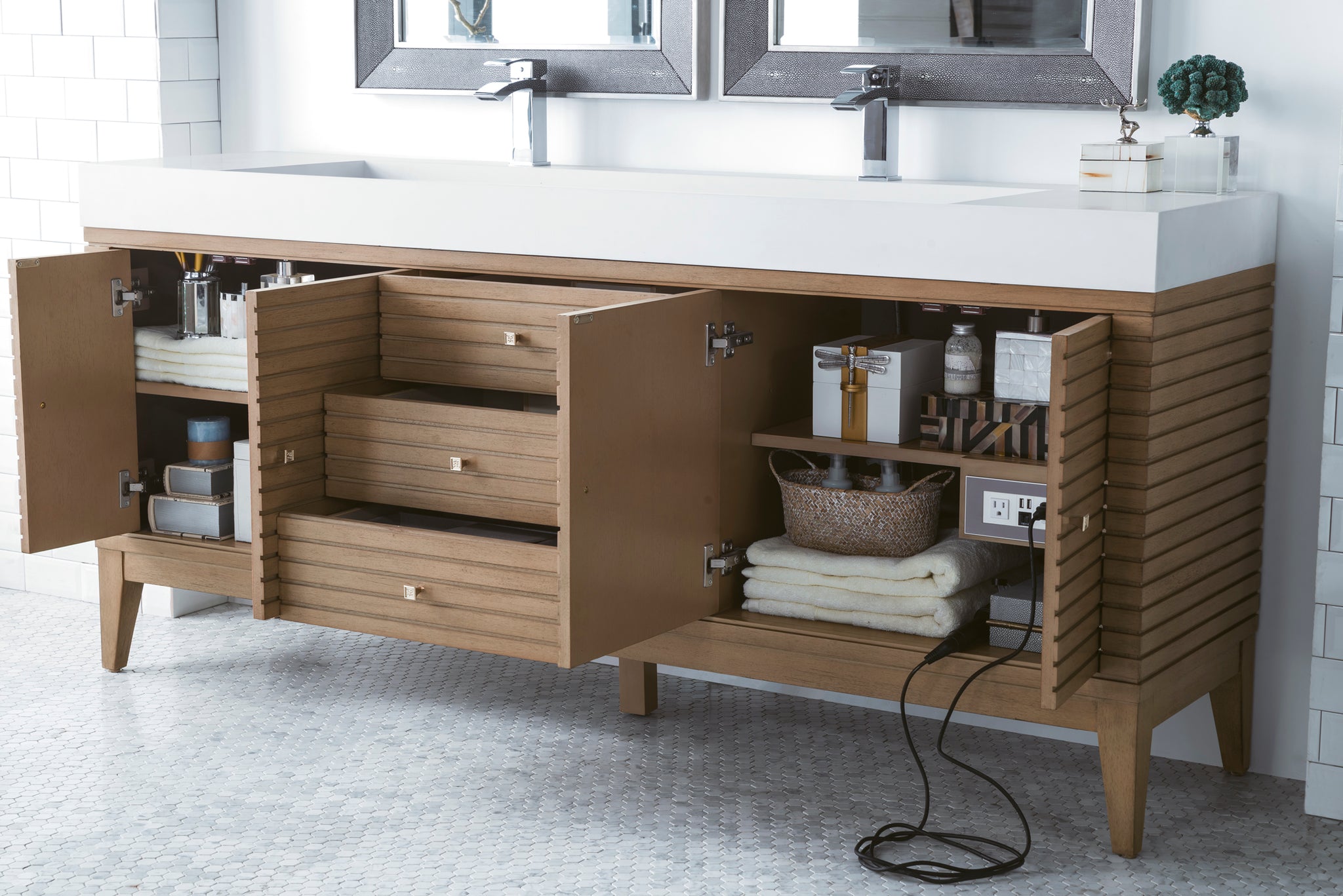 James Martin Linear 72" Double Bathroom Vanity, Whitewashed Walnut, view 4