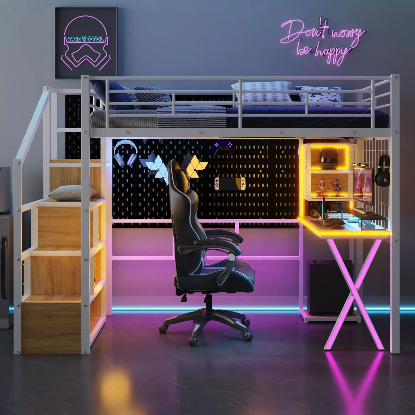 Loft Bed With Built In Work Station, Wardrobe, Storage Staircase And LED by Unique Piece Furniture