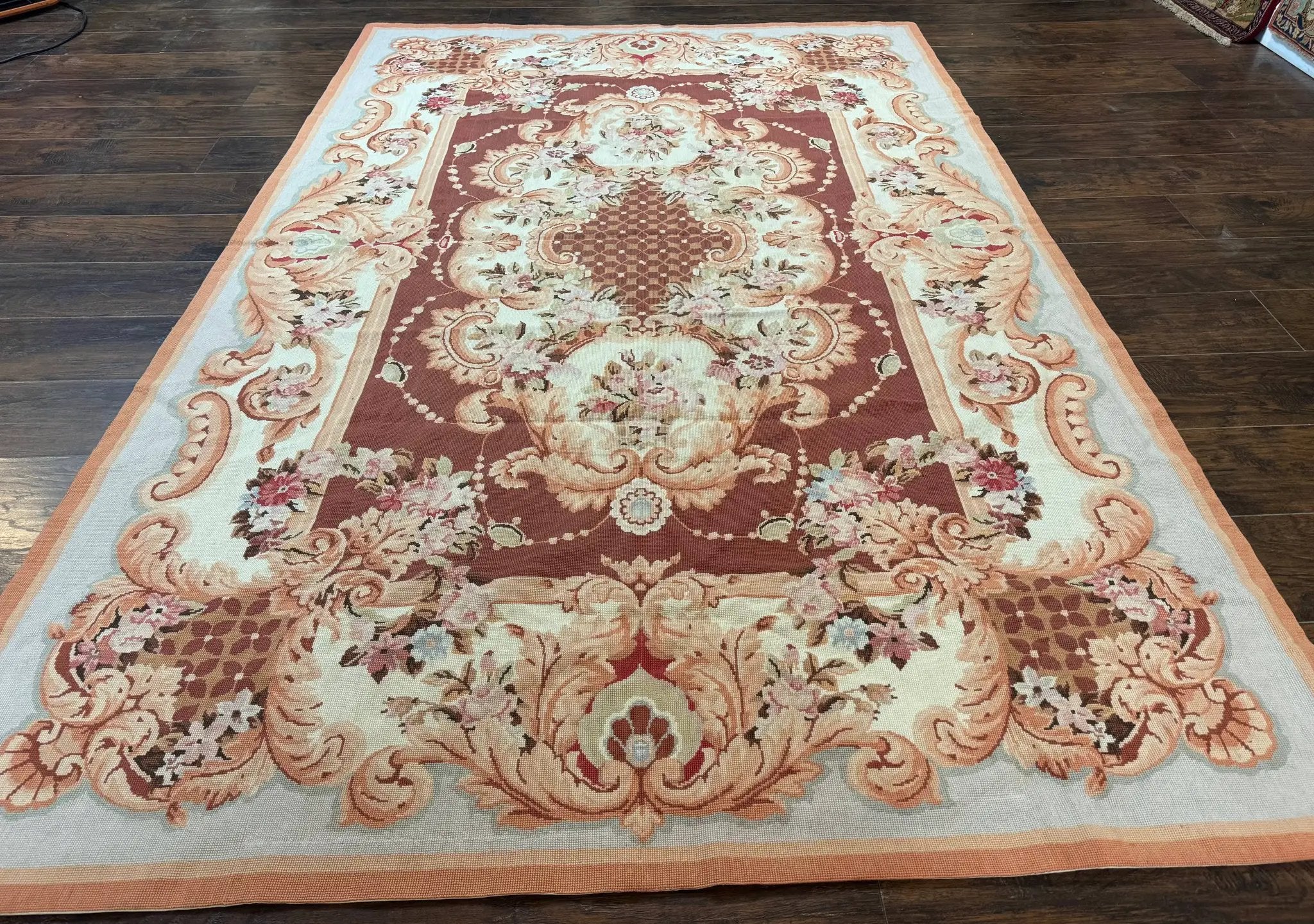 Vintage Needlepoint Rug 6x9, Aubusson Rug, Flatweave Wool Elegant Carpet, Medium Size, French European Design by Jewel Rugs