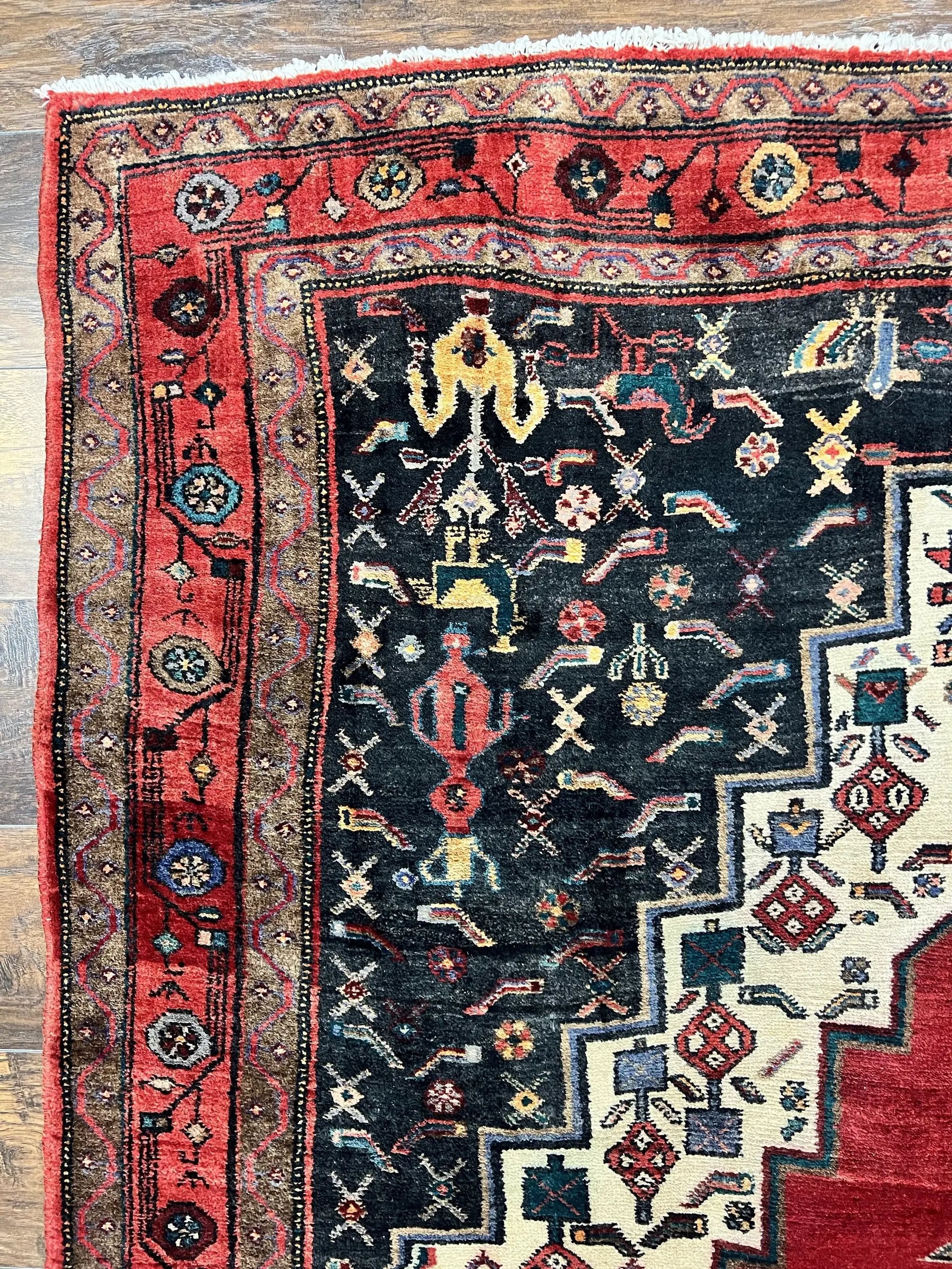 Persian Rug 5x12 ft, Red Cream Navy Blue, Pictorials, Hand Knotted Handmade Wide Runner Tribal Bidjar Semi Antique Wool Geometric Oriental Rug by Jewel Rugs
