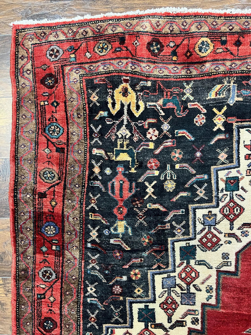 Persian Rug 5x12 ft, Red Cream Navy Blue, Pictorials, Hand Knotted Handmade Wide Runner Tribal Bidjar Semi Antique Wool Geometric Oriental Rug by Jewel Rugs
