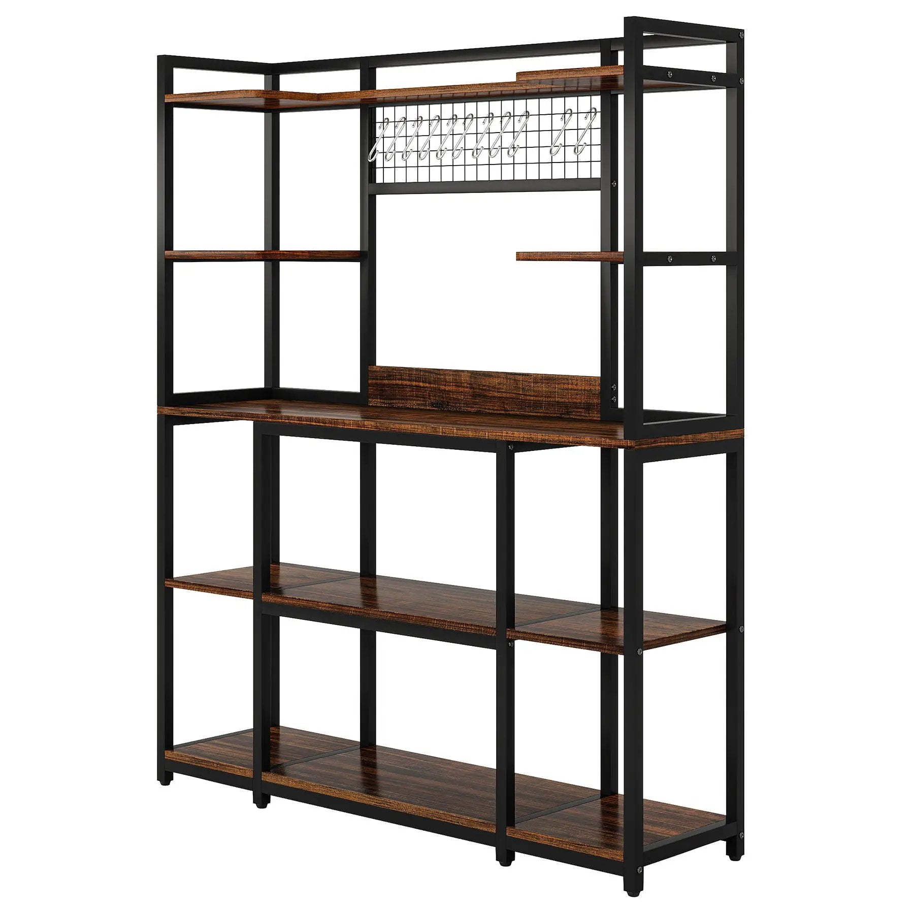 Baker's Rack With Hutch, 5 Tier Kitchen Storage Shelf, Freestanding Utility Pantry Organizer With Hooks And Microwave Stand - Black by HouseOfZazla