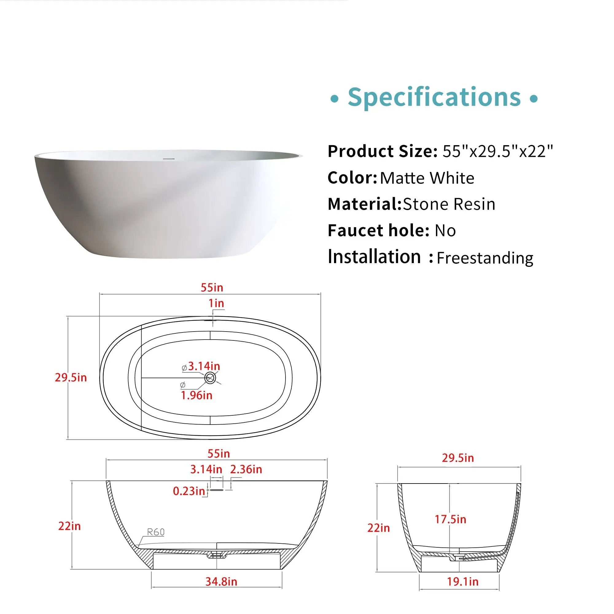 55" Solid Surface Matte Tub - Freestanding Soaking Bathtub by HouseOfZazla
