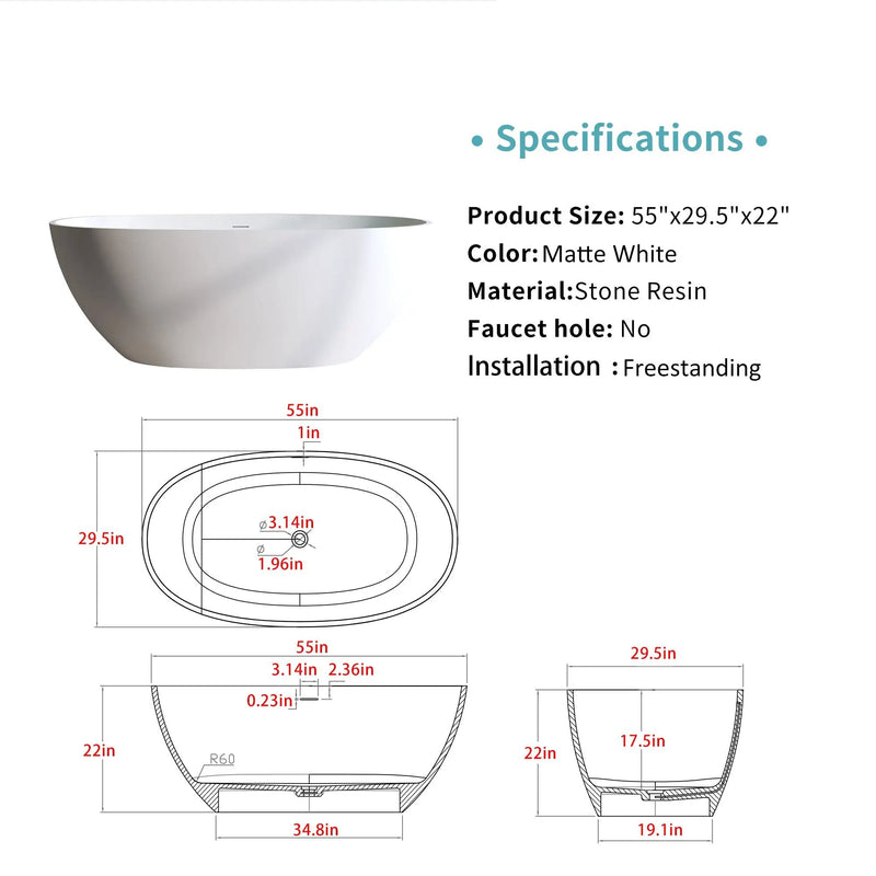 55" Solid Surface Matte Tub - Freestanding Soaking Bathtub by HouseOfZazla