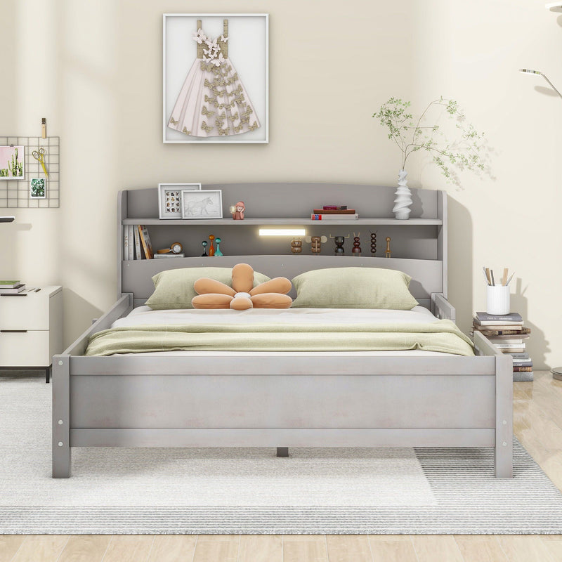 Wood Platform Bed With Built In LED Light, Storage Headboard And Guardrail by Unique Piece Furniture