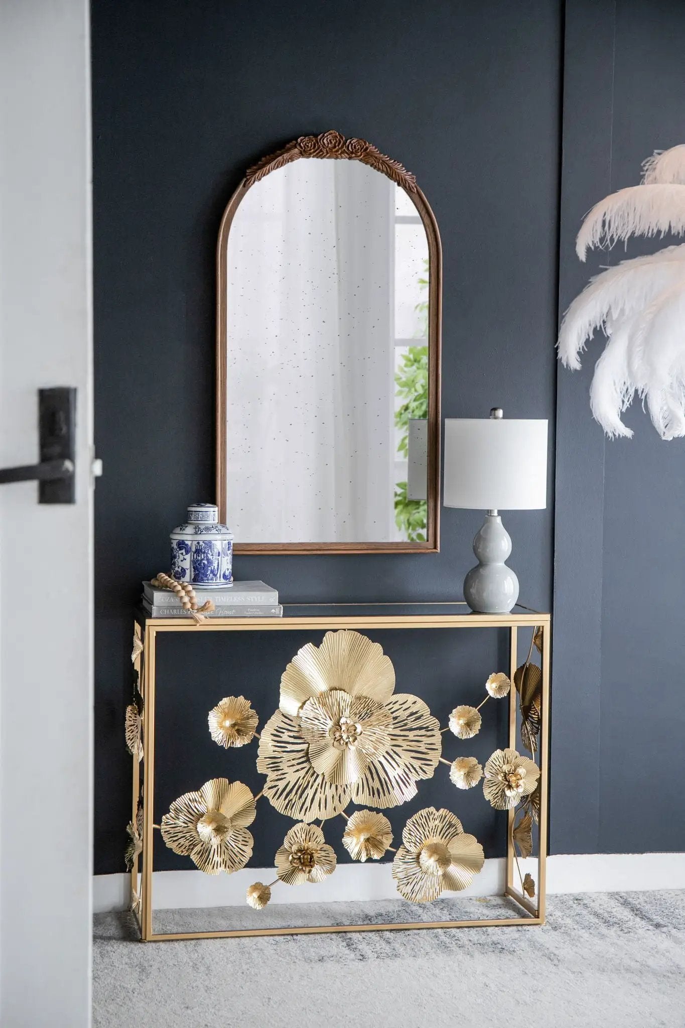 Hand Carved Rose Antique Mirror Frame, Wood Arch Mirror Wall Decor For Living Room by Unique Piece Furniture
