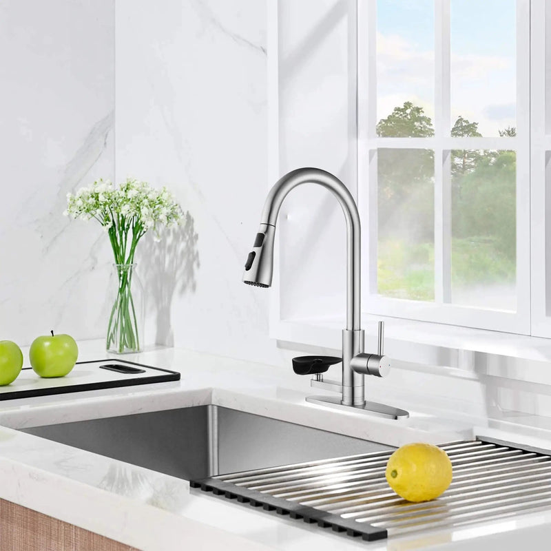 3-in-1 Kitchen Faucet with LED Temperature Display, Press-Type Glass Rinser, Pull-Down Sprayer, 3 Spray Modes, Brushed Nickel Finish, Stainless Steel Construction by HouseOfZazla