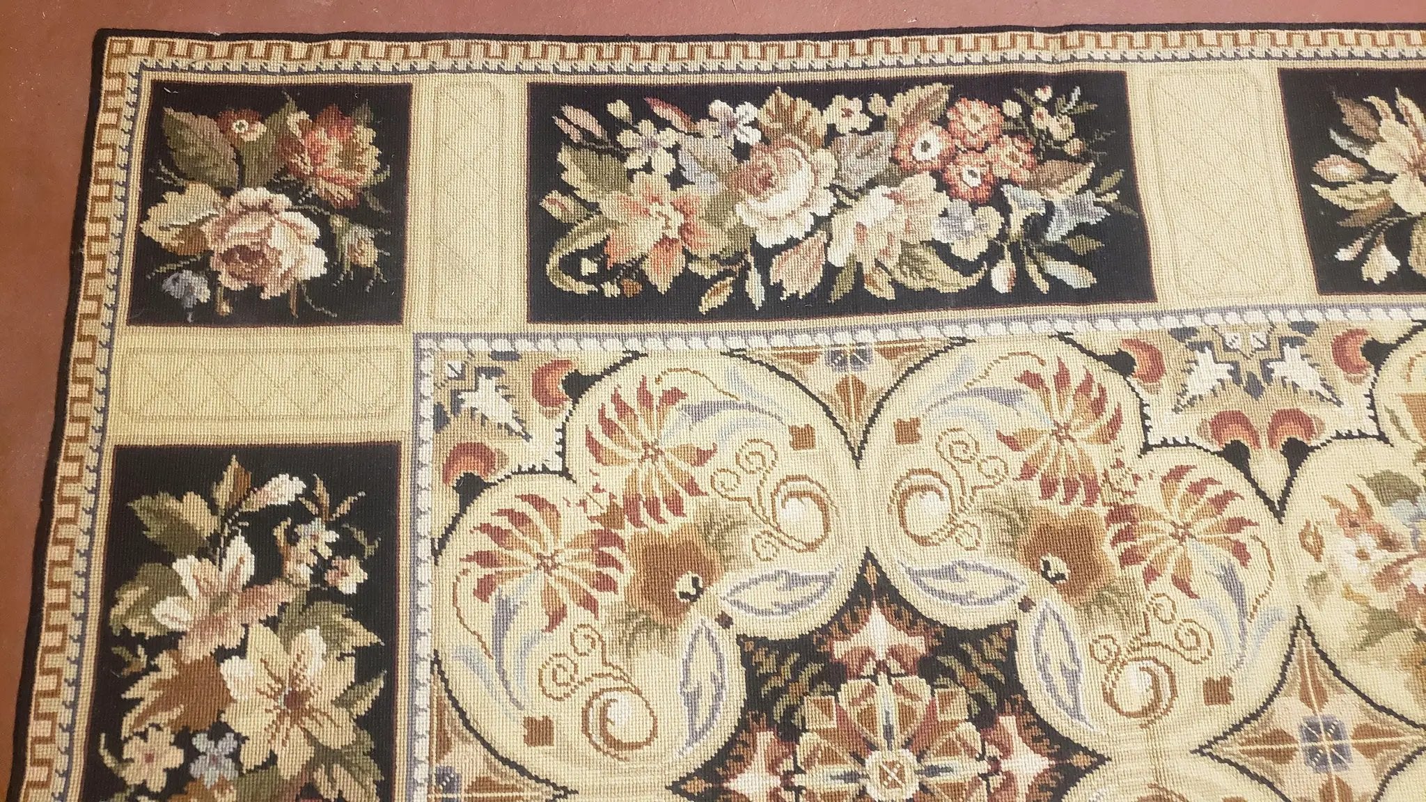 Needlepoint Rug 8x10ft Allover European Design Flowers 100% Wool Hand Knotted Aubusson Area Rug Brand New Flatweave Needle Point Carpet Chic by Jewel Rugs