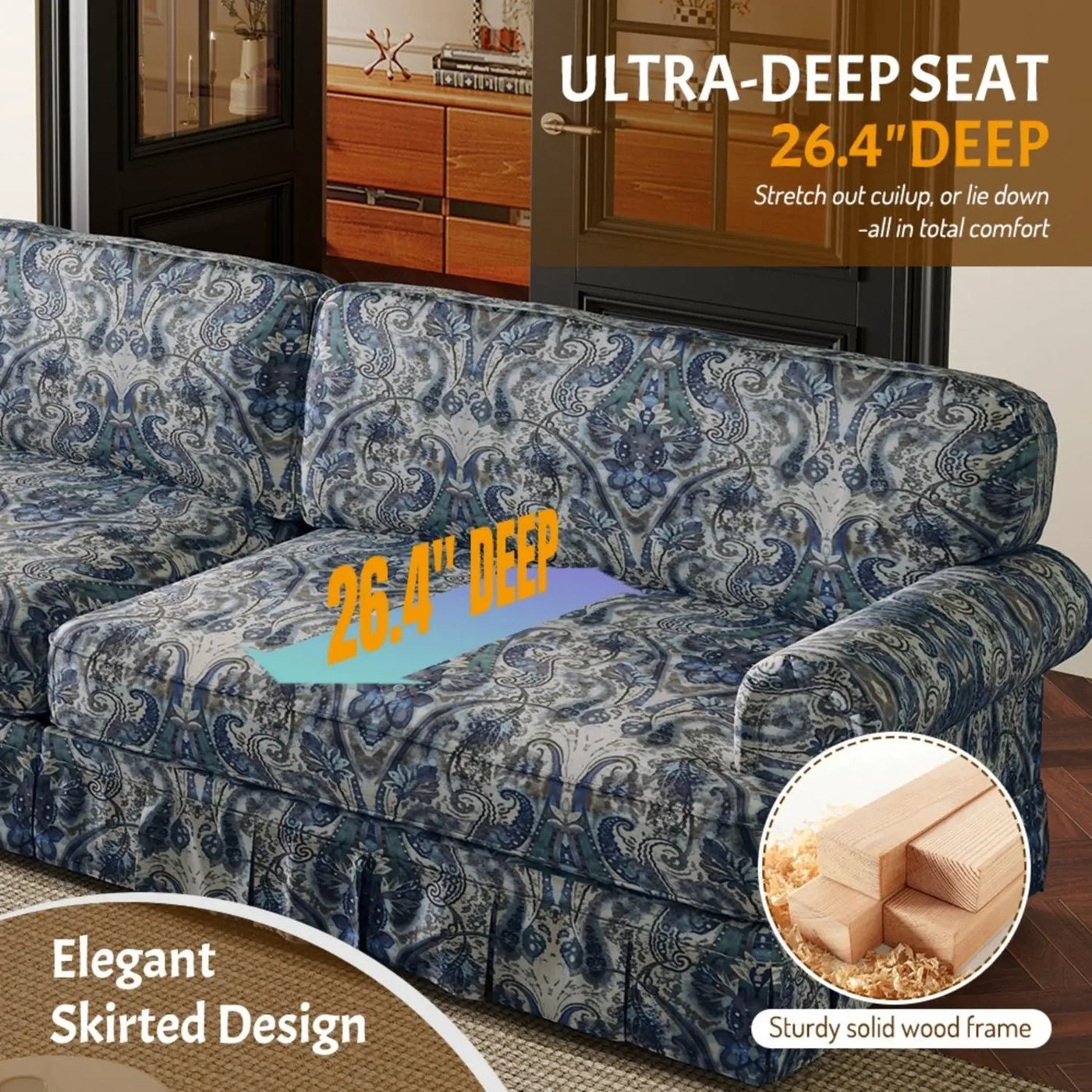 Luxuriously Comfortable Cloud Couch With Elegant Rolled Arms & Pleated Skirt Design by HouseOfZazla