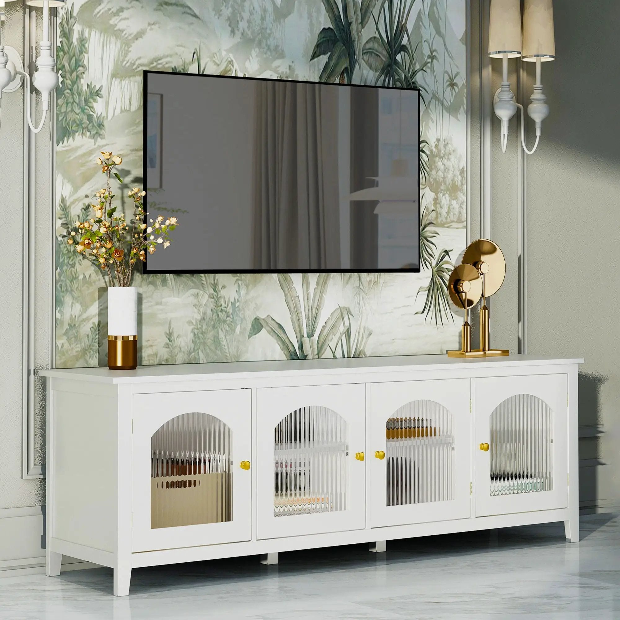 StylishTVcabinet Entertainment CenterTV Stand, TVconsoletable, Media Console, Solidwood Frame, Changhong Glass Door, Metal Handle by Unique Piece Furniture