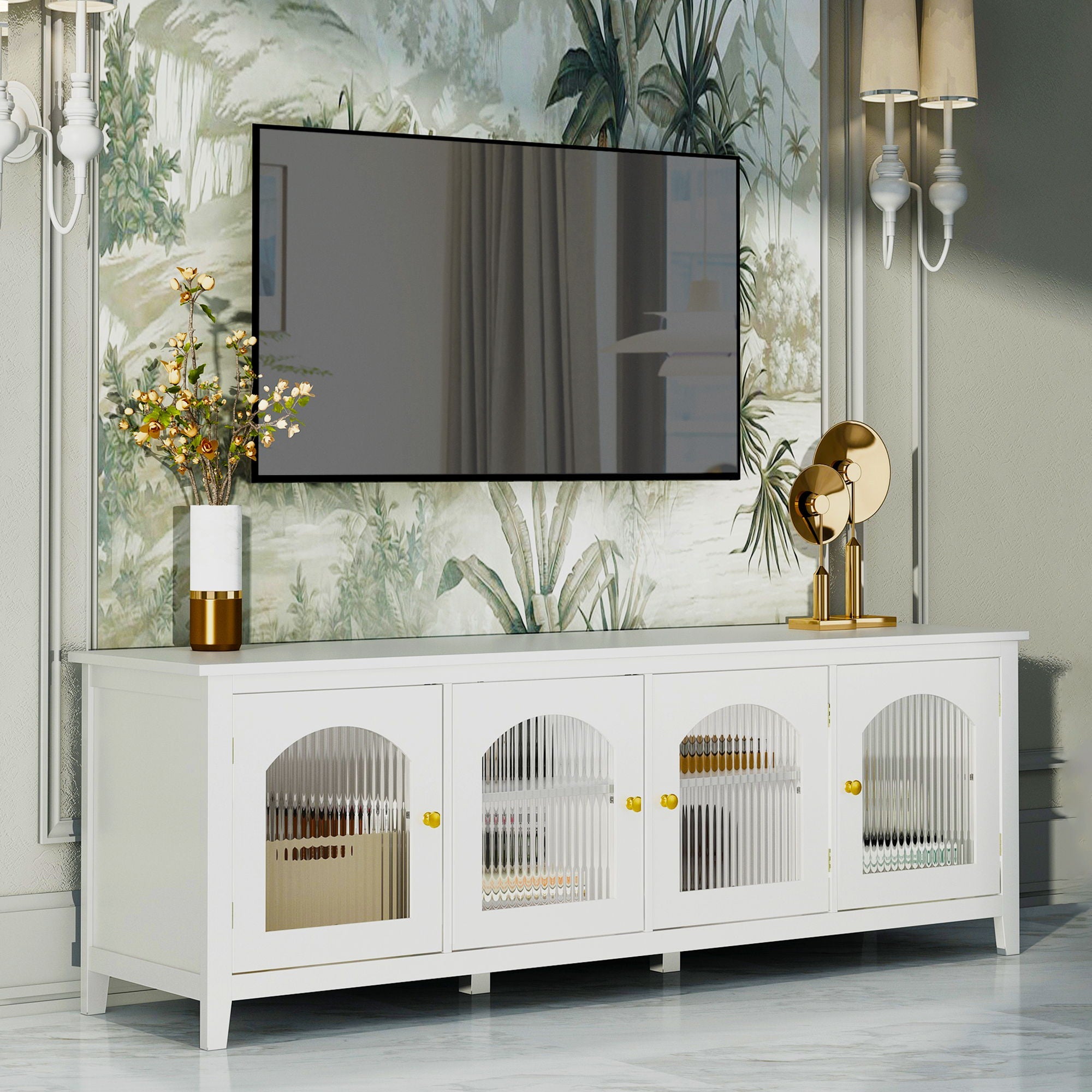 StylishTVcabinet Entertainment CenterTV Stand, TVconsoletable, Media Console, Solidwood Frame, Changhong Glass Door, Metal Handle by HouseOfZazla