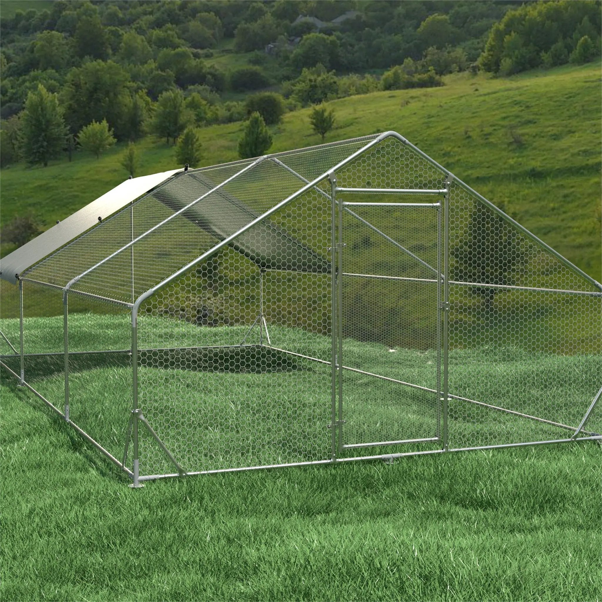 Large Metal Chicken Coop, Walk In Poultry Cage Hen Run House Rabbits Habitat Cage Spire Shaped Coop With Waterproof And Anti Ultraviolet Cover by HouseOfZazla