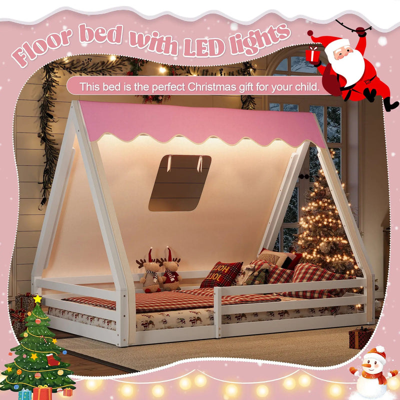 Full Size House Floor Bed with Tent and Light by HouseOfZazla