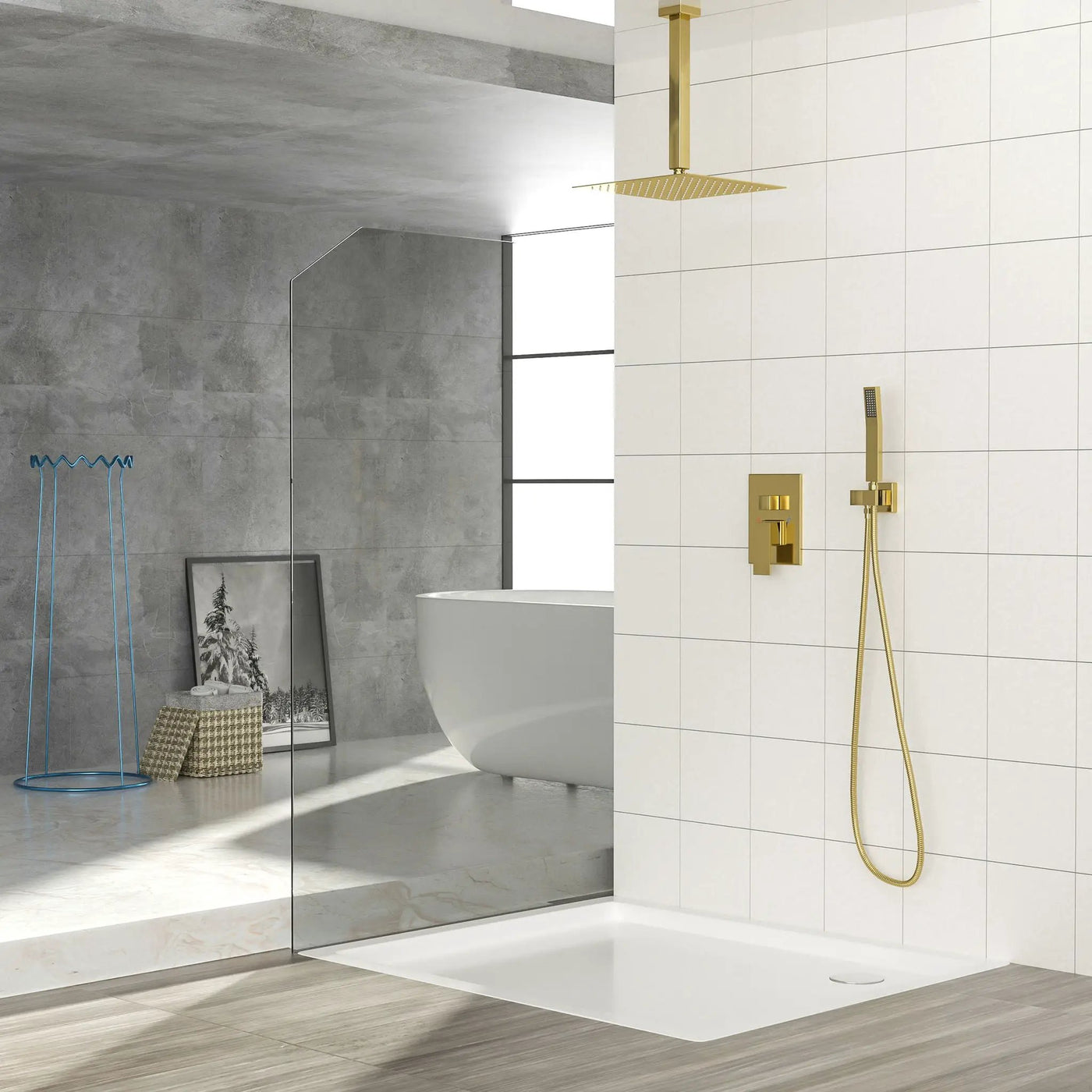 Modern Dual Shower Head System With 16" Ceiling Mount Finish, Stainless Steel And Brass by HouseOfZazla