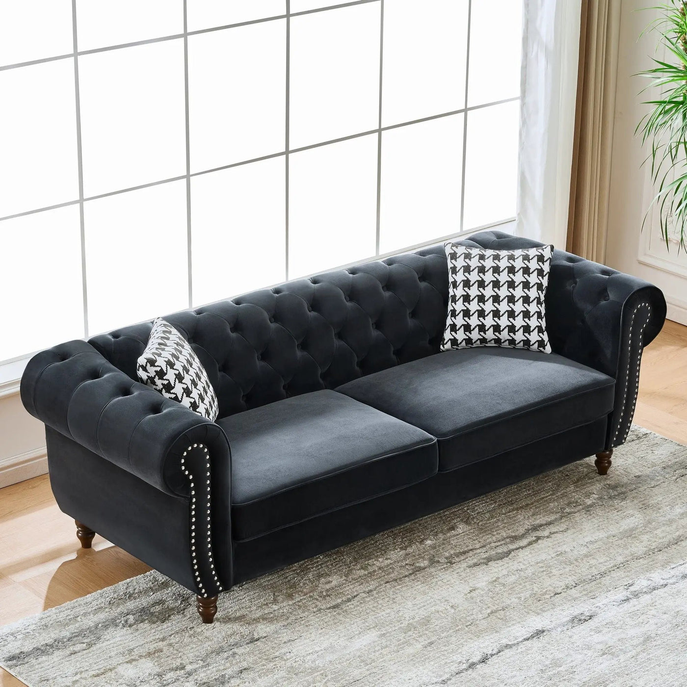 Chesterfield Upholstery Fabric Sofa With Roll Armrest & Nailhead, Mid Century Modern 3 And 3 Seater Couch by HouseOfZazla
