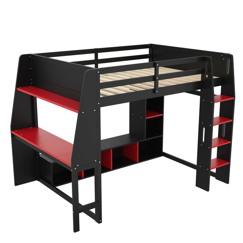 Gaming Loft Bed With Desk, Multi Storage Shelves, LED Lighting, And Hanging Clothes Rack by Unique Piece Furniture