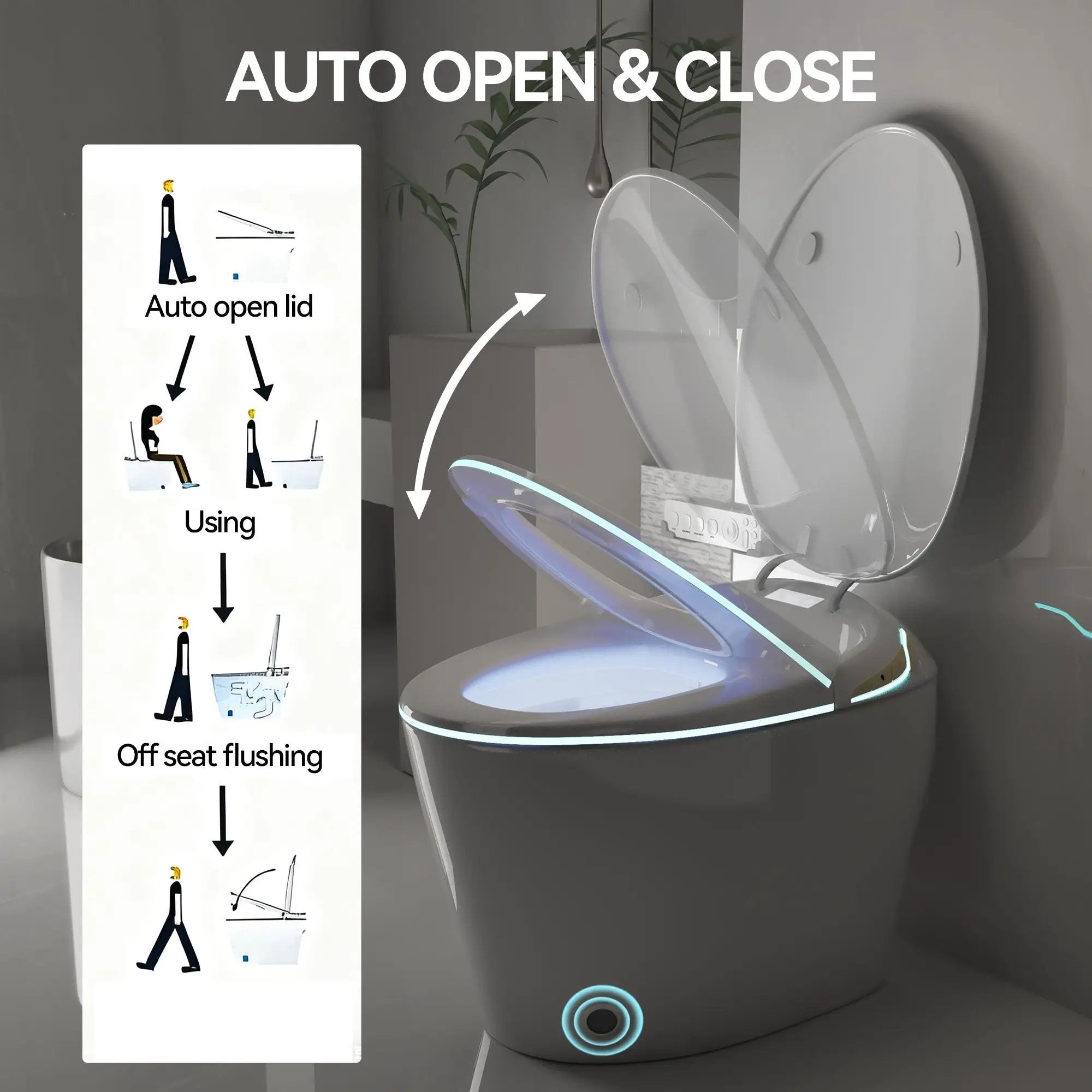 Unique Smart Toile With Built In Bidet, Auto Open / Close Seat, Foot Sensor, LED Display, Night Light, Warm Water & Dryer Ceramic by HouseOfZazla