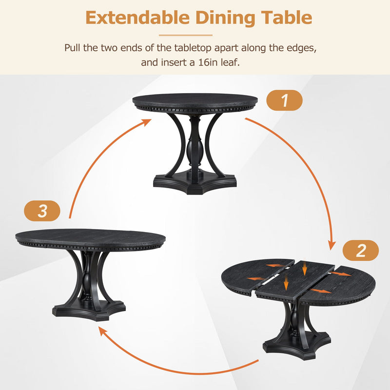 5 Piece Dining Set Extendable Round Table And 4 Chairs - Black / Oak by Unique Piece Furniture