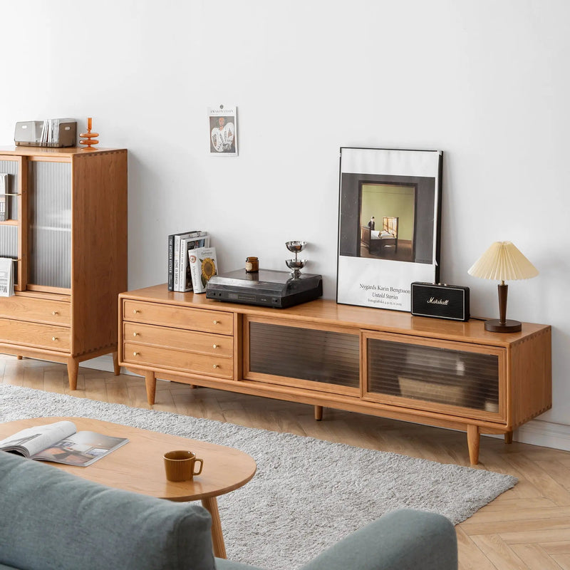 TV Cabinet With Chinese Changhong Glass Doors, Two Drawer Storage Space TV Standing - Cherry by HouseOfZazla