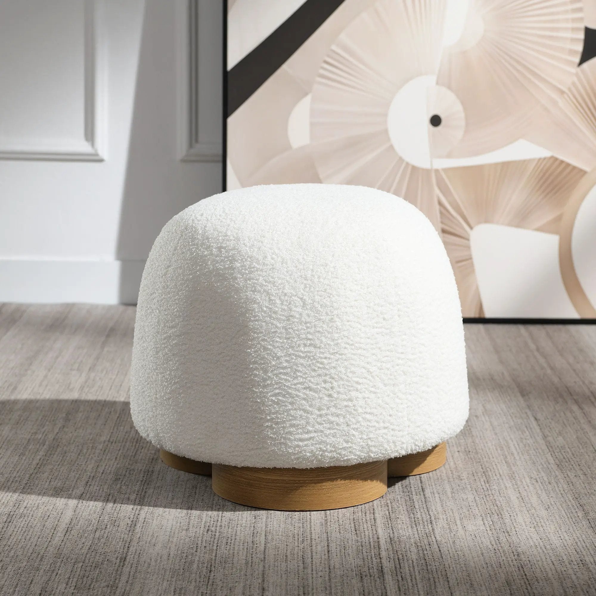 Round Soft Teddy Fabric Upholstered Ottoman With Metal Accents by HouseOfZazla