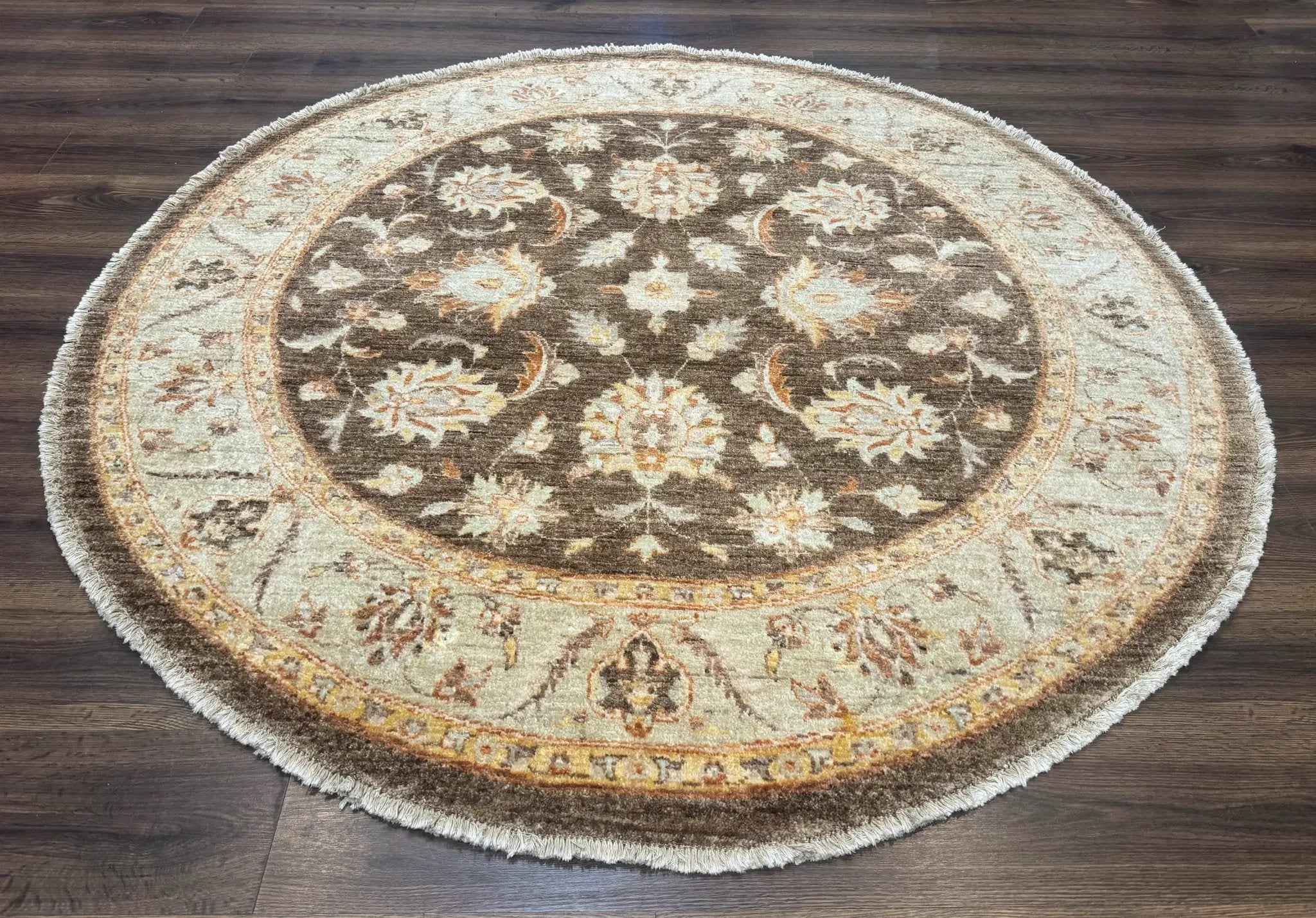 Round Pakistani Rug 6x6, Brown and Beige, Floral, Peshawar Rug, Traditional by Jewel Rugs