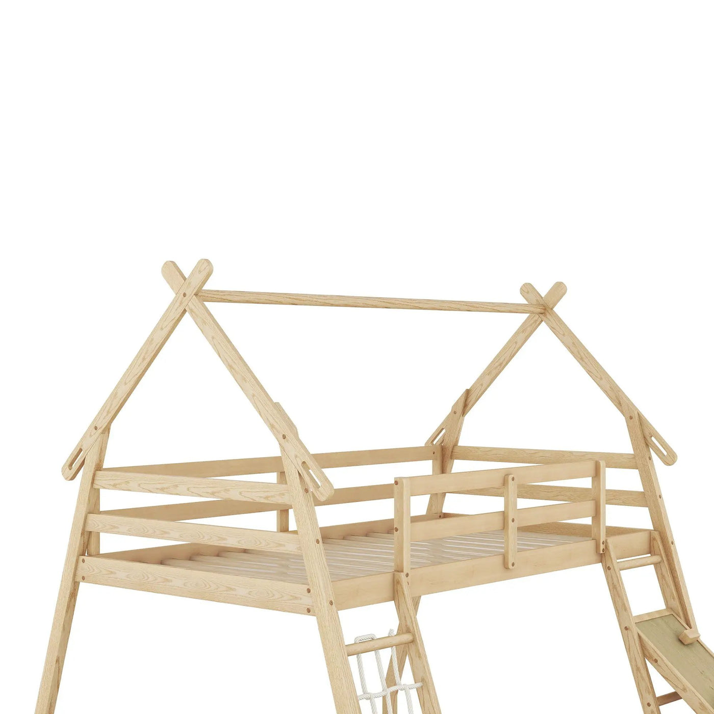 Twin Over Queen House Bunk Bed With Climbing Nets And Climbing Ramp by HouseOfZazla