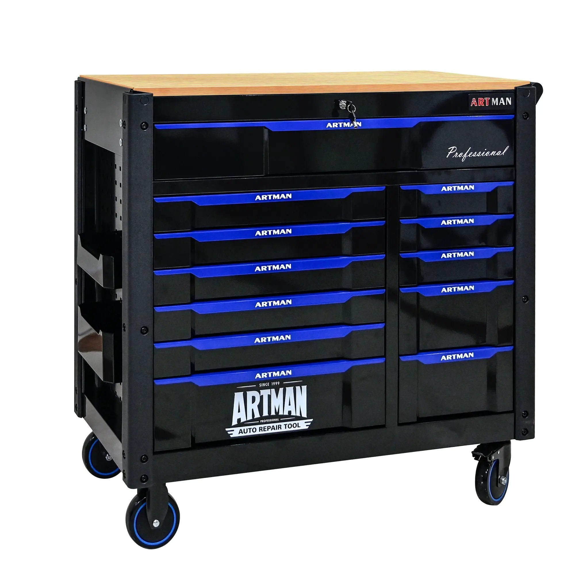 12 Layer Drawer Multi Purpose Tool Cart With Wheels And Wooden Countertops - Black / Blue by HouseOfZazla