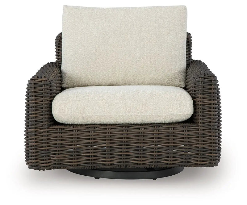 Kimora - 7 Pc. - 4-Piece Outdoor Sectional, Swivel Glider Lounge, Cocktail Table, End Table - Beige / Dark Brown by Unique Piece Furniture