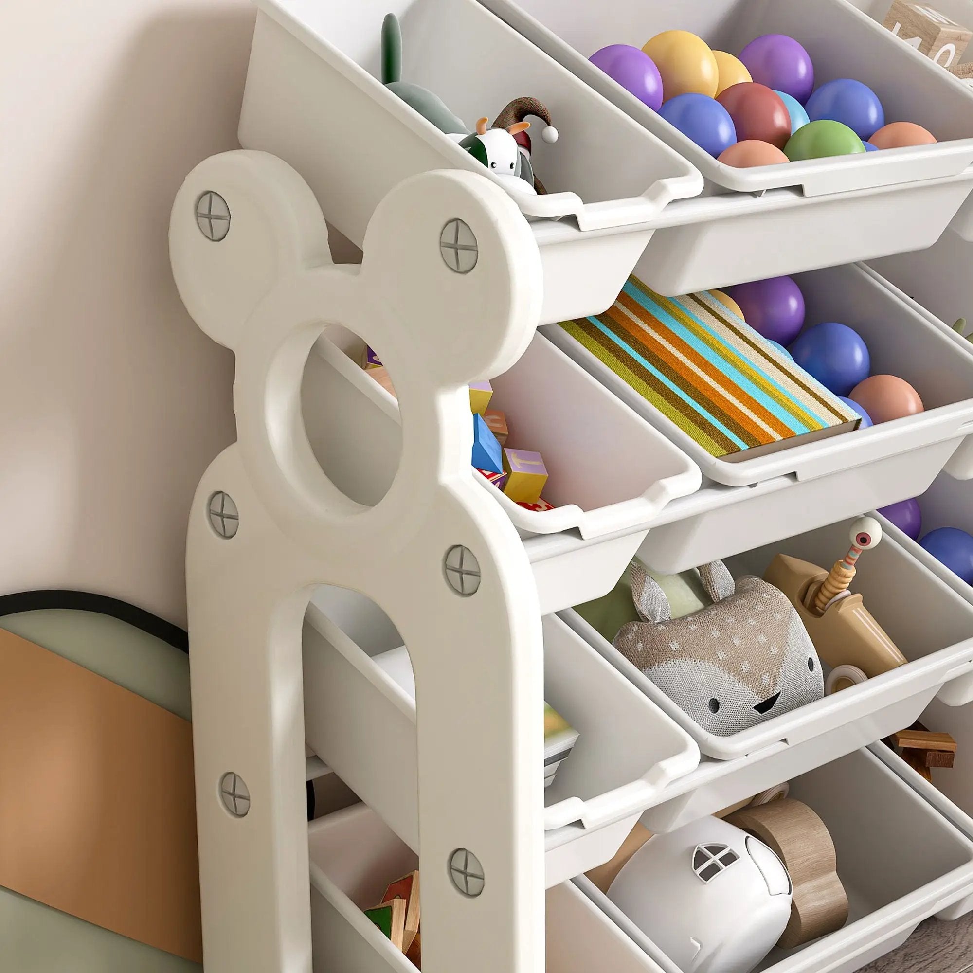 Multi Functional Kids Toy Storage Organizer Cabinet With Hdpe Shelf And 12 Bins - Gray White by Unique Piece Furniture