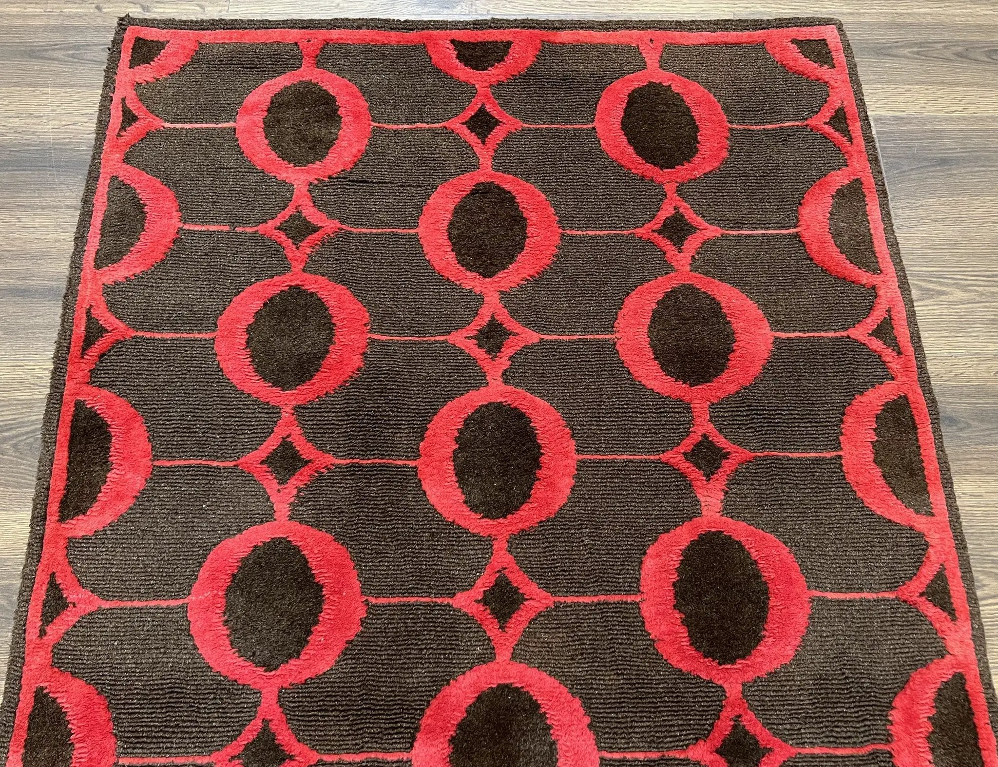 Modern Tibetan Rug 3.8 x 5.7, Raspberry Red and Dark Brown, Abstract Circle Design, Hand Knotted, Soft Wool Handmade Tibet Nepali Carpet 4x6 by Jewel Rugs