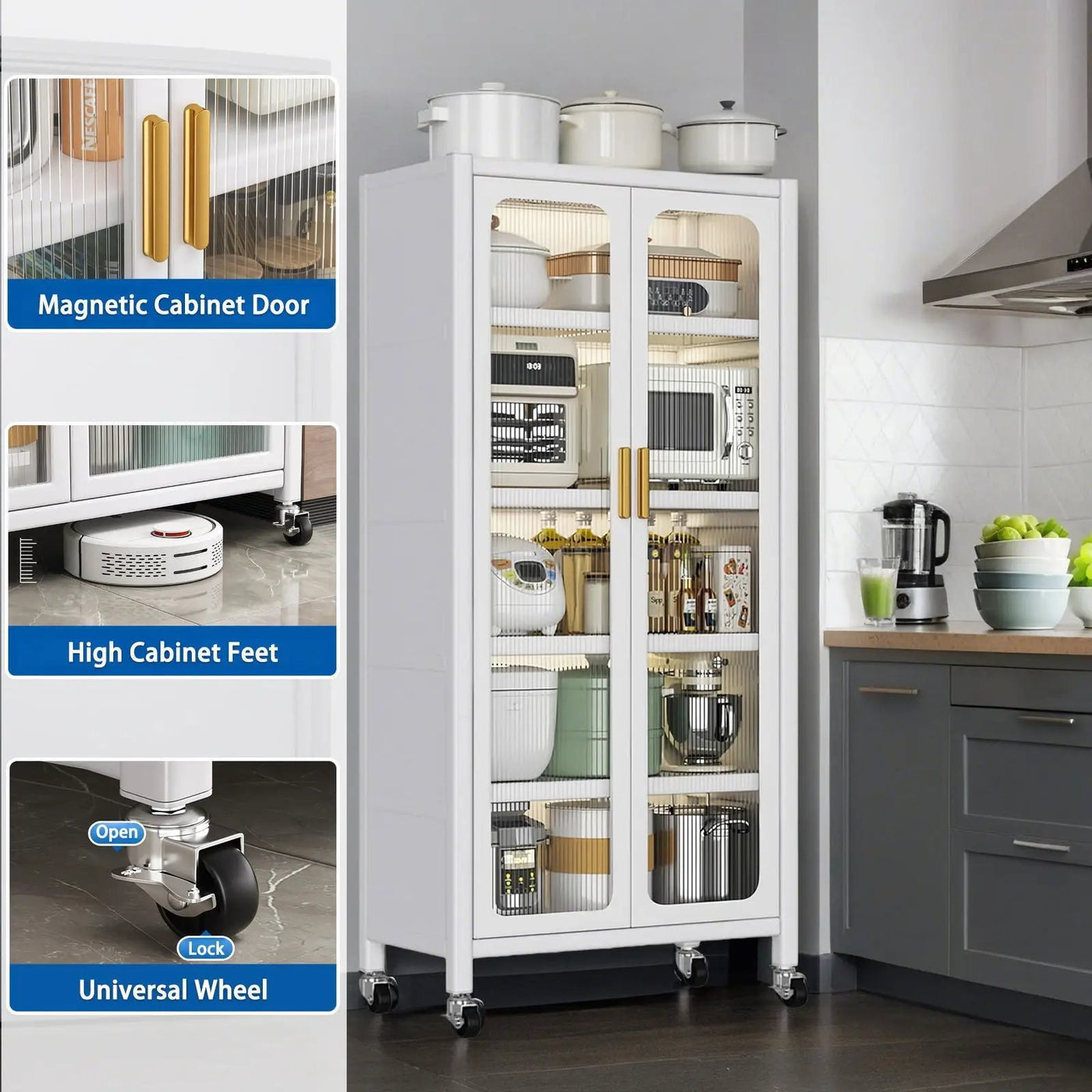 6 Tier Storage Cabinet With Transparent Door, Adjustable Shelves & Wheels by Unique Piece Furniture
