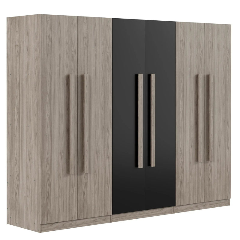 6 Doors Wardrobe Storage For Bedroom, With 2 Drawers Inside - Black / Nature by HouseOfZazla