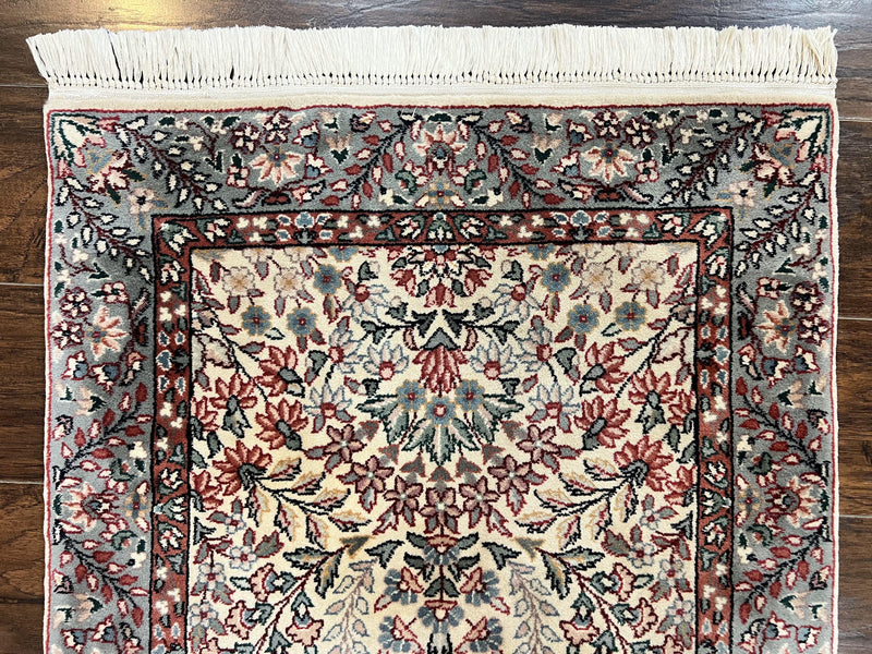 Sino Persian Runner Rug 2.7 x 10, Floral Kirman Lavar Carpet for Hallway, Cream, Handmade Wool Vintage Rug by Jewel Rugs