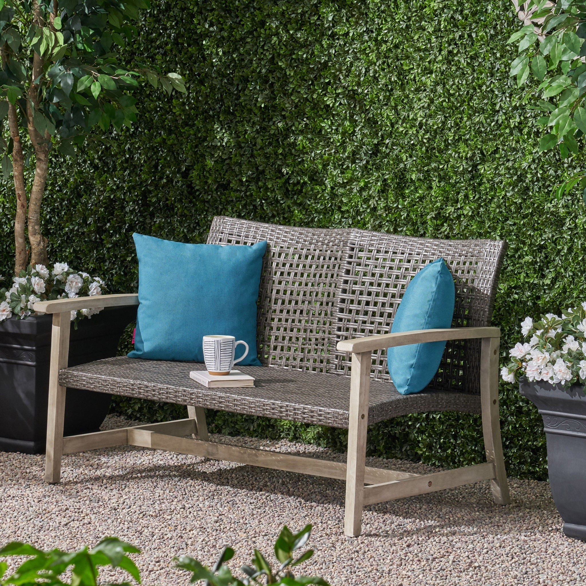 Hampton Outdoor Wood and Wicker Loveseat - Gray by HouseOfZazla