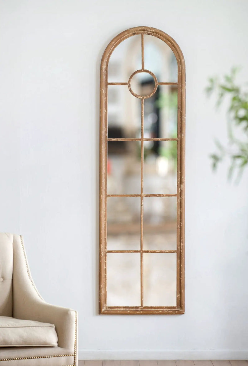 Half Round Elongated Mirror With Decorative Window Look Classic Architecture Style Solid Fir Wood Interior Decor - Brown by Unique Piece Furniture