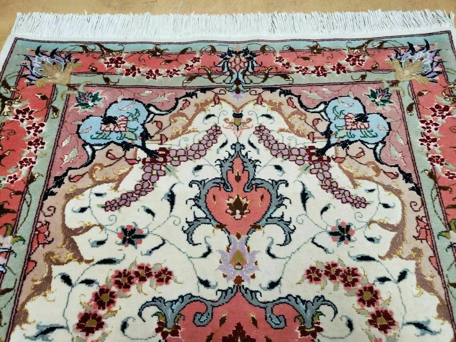 Small Vintage Persian Tabriz Wool and Silk Rug 2.5 x 4 ft, Very Finely Hand Knotted, Medallion, Ivory Salmon Light Blue, Top Quality, Pair A by Jewel Rugs