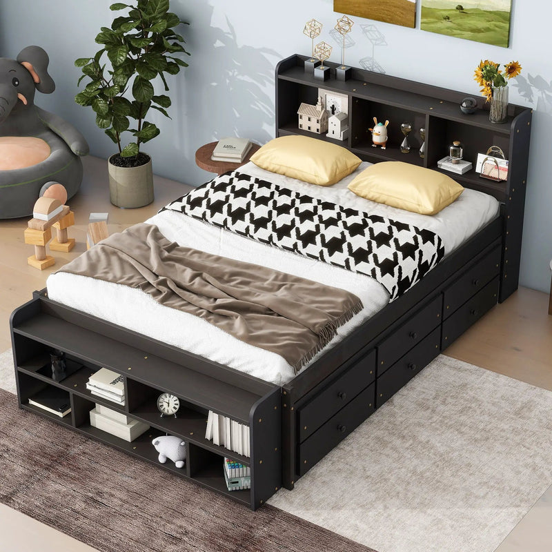 Bed With Bookcase Headboard, Under Bed Storage Drawers And Bed End Storage Case by HouseOfZazla