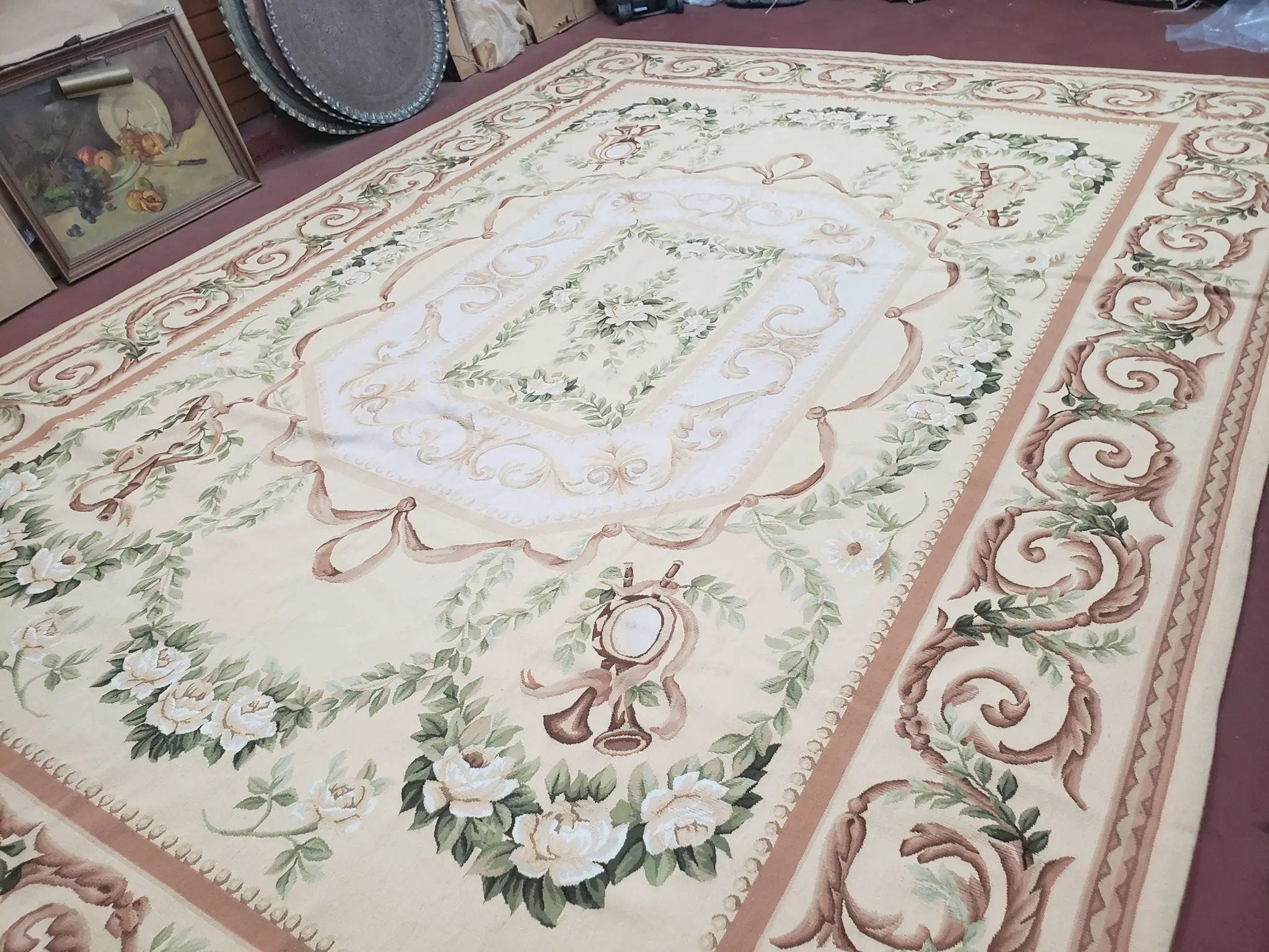 Elegant Aubusson Rug 10 x 14, Cream and Ivory Simple Aubusson Floral Carpet, Hand-Woven, European, New Aubusson Rug, Wool Area Rug, Violins by Jewel Rugs