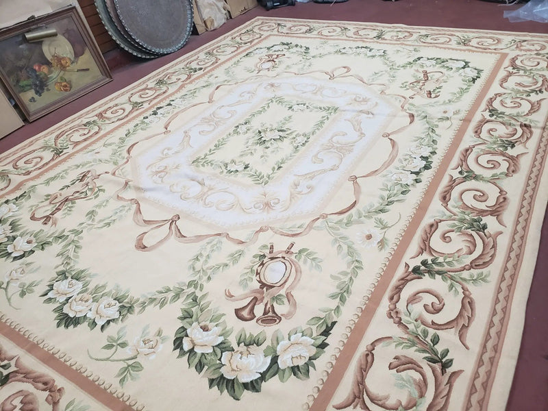 Elegant Aubusson Rug 10 x 14, Cream and Ivory Simple Aubusson Floral Carpet, Hand-Woven, European, New Aubusson Rug, Wool Area Rug, Violins by Jewel Rugs