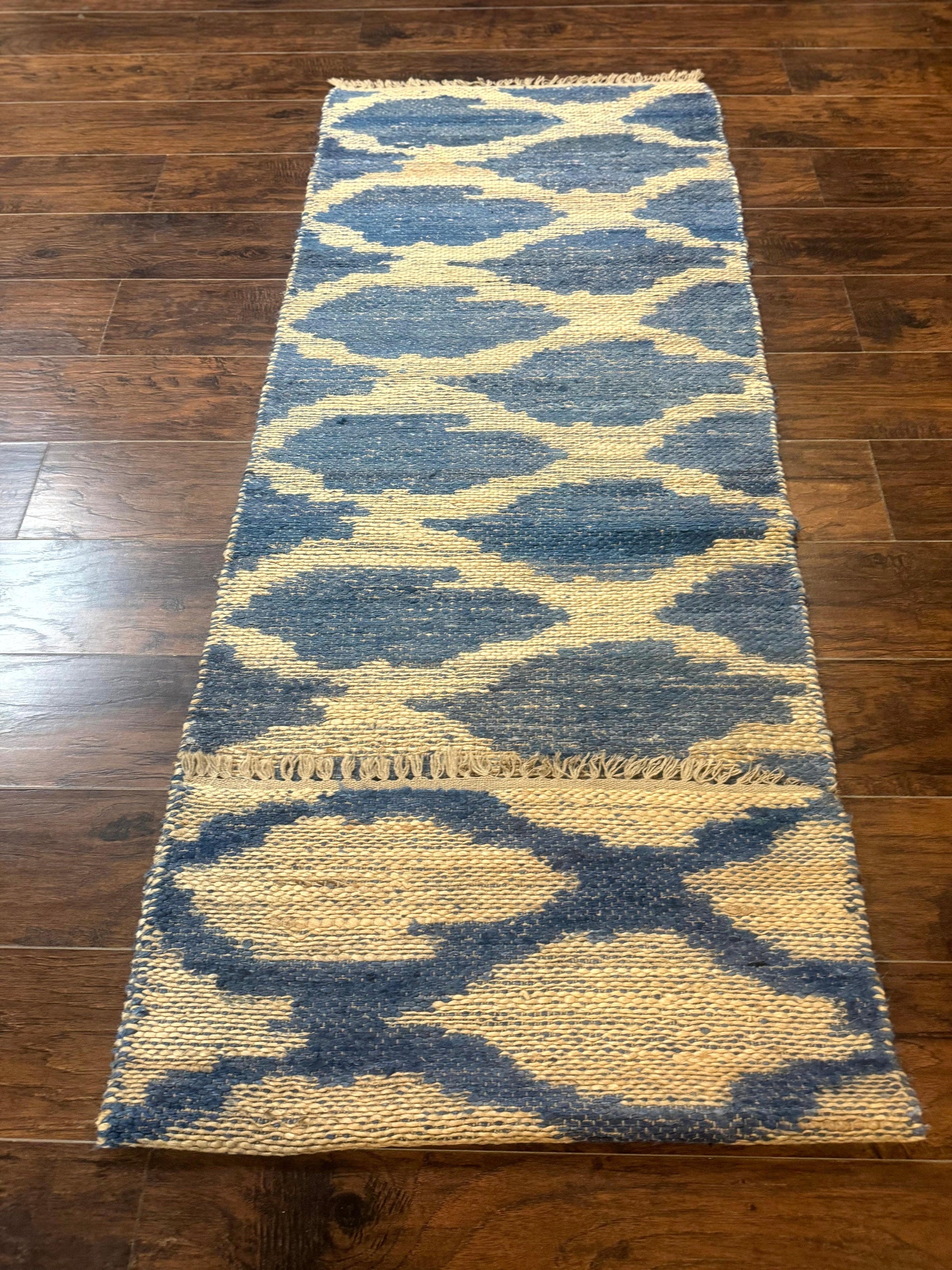 Modern Jute Runner Rug 2.9 x 7.9, Beige and Blue, Handwoven, Kaleen Rug by Jewel Rugs