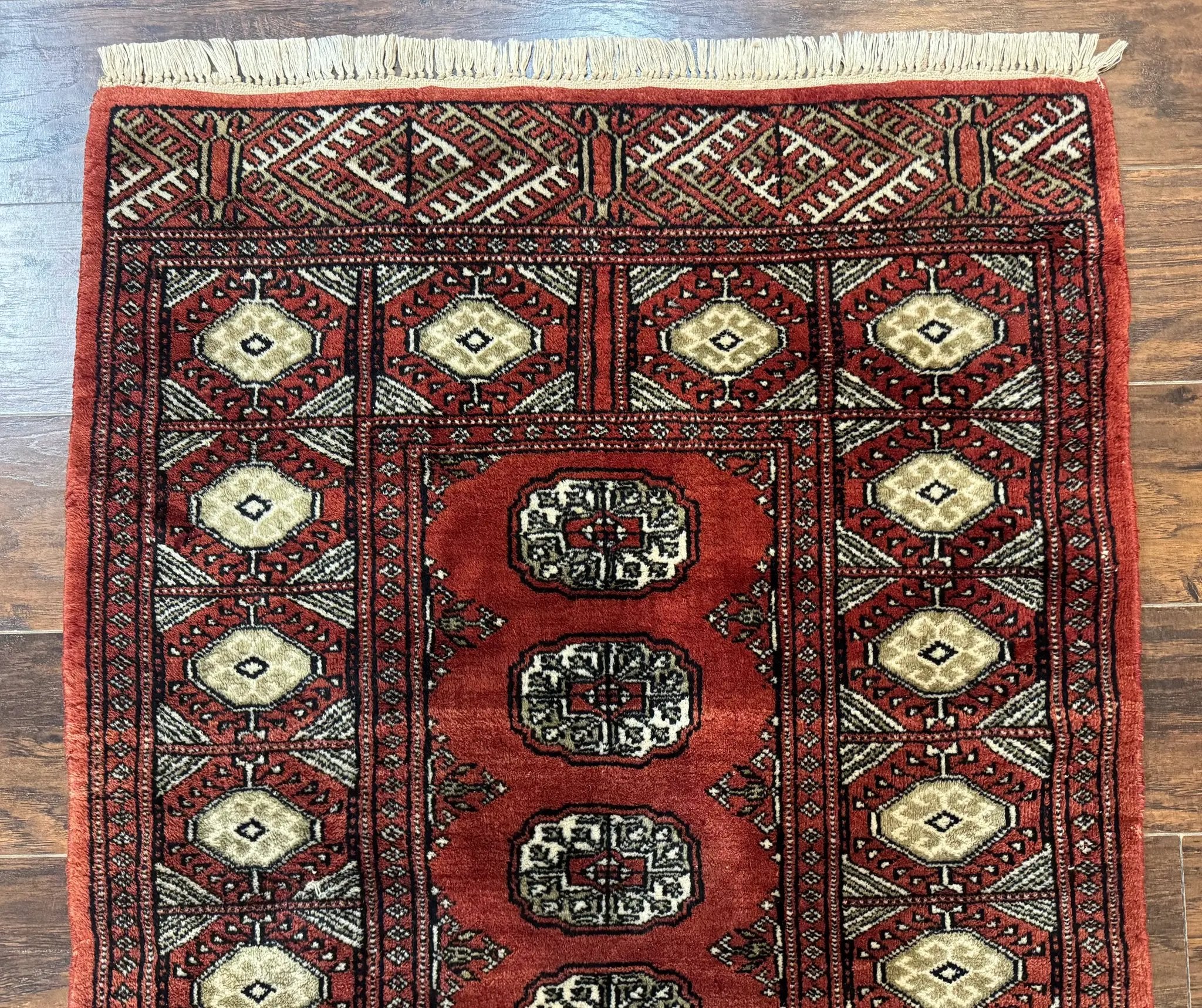 Red Pakistani Turkoman Rug 3x5, Bokhara Design, Vintage, Signed by Jewel Rugs