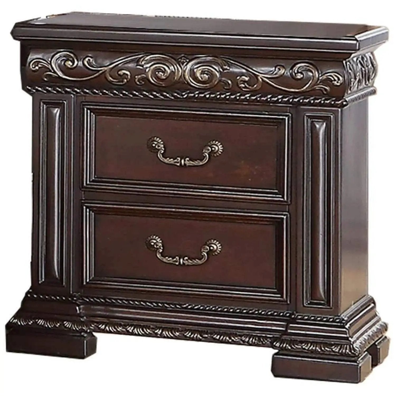 2 Drawer Nightstand, Carvings Bedside Table, Bedroom Furniture - Cherry by Unique Piece Furniture