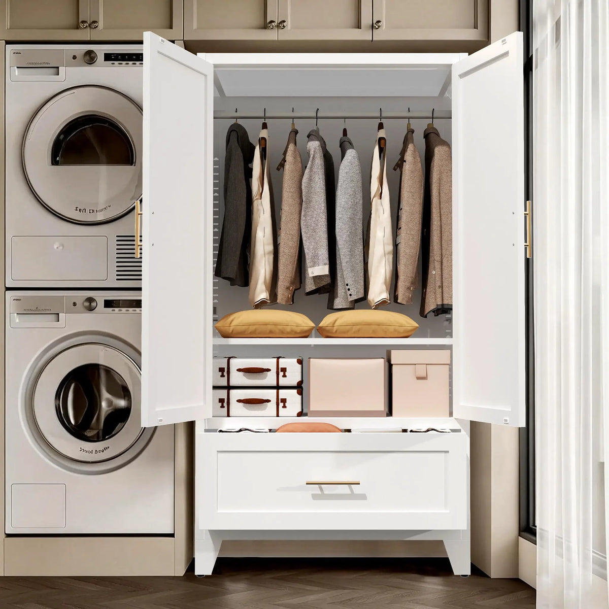 60" Tall Metal Wardrobe Cabinet with Drawer and Hanging Rod by HouseOfZazla