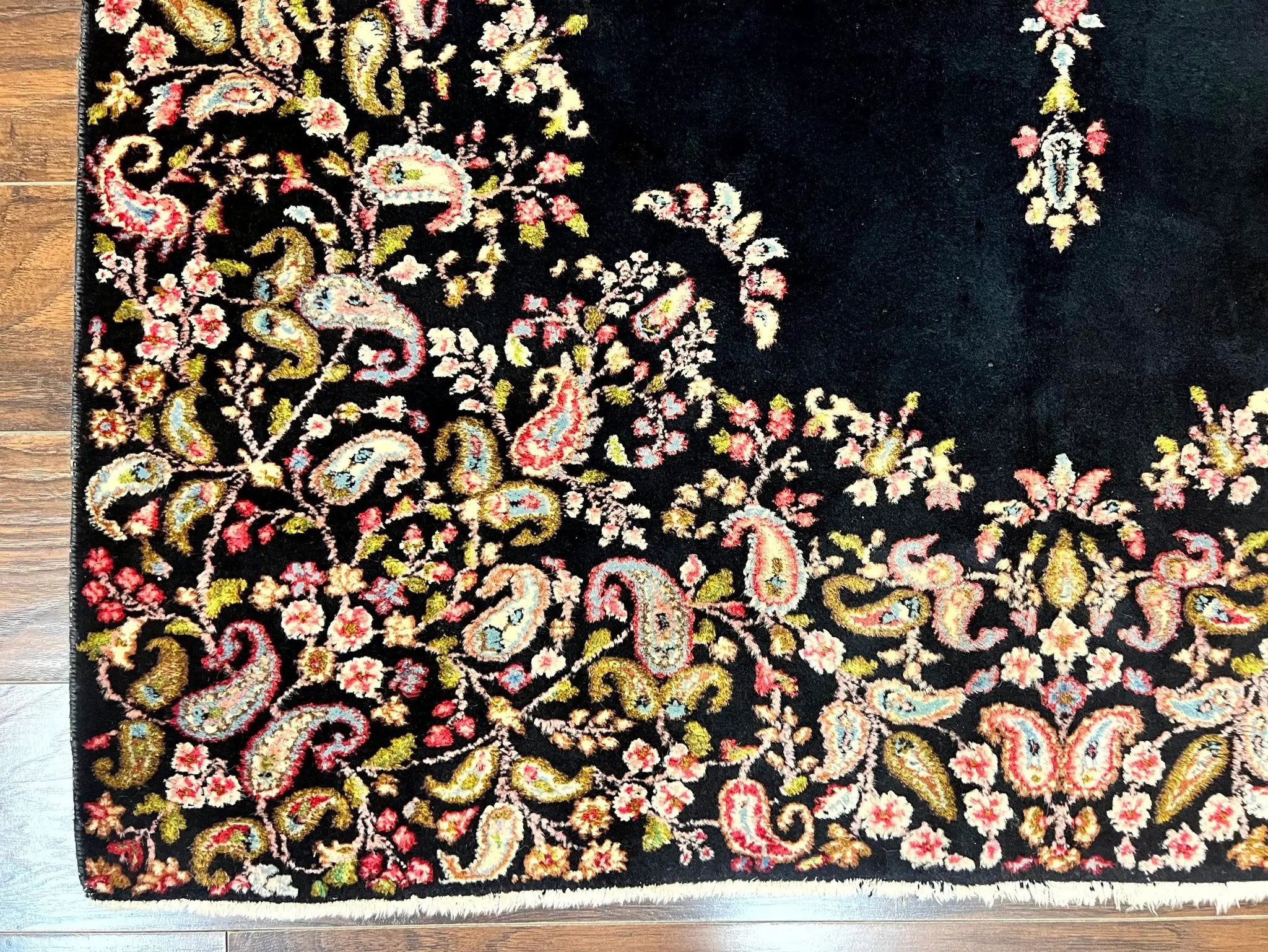 Antique Persian Kirman Rug 5x8, Floral Kirman, Midnight Blue/Black, Semi Open Field, Handmade Vintage Wool Carpet by Jewel Rugs