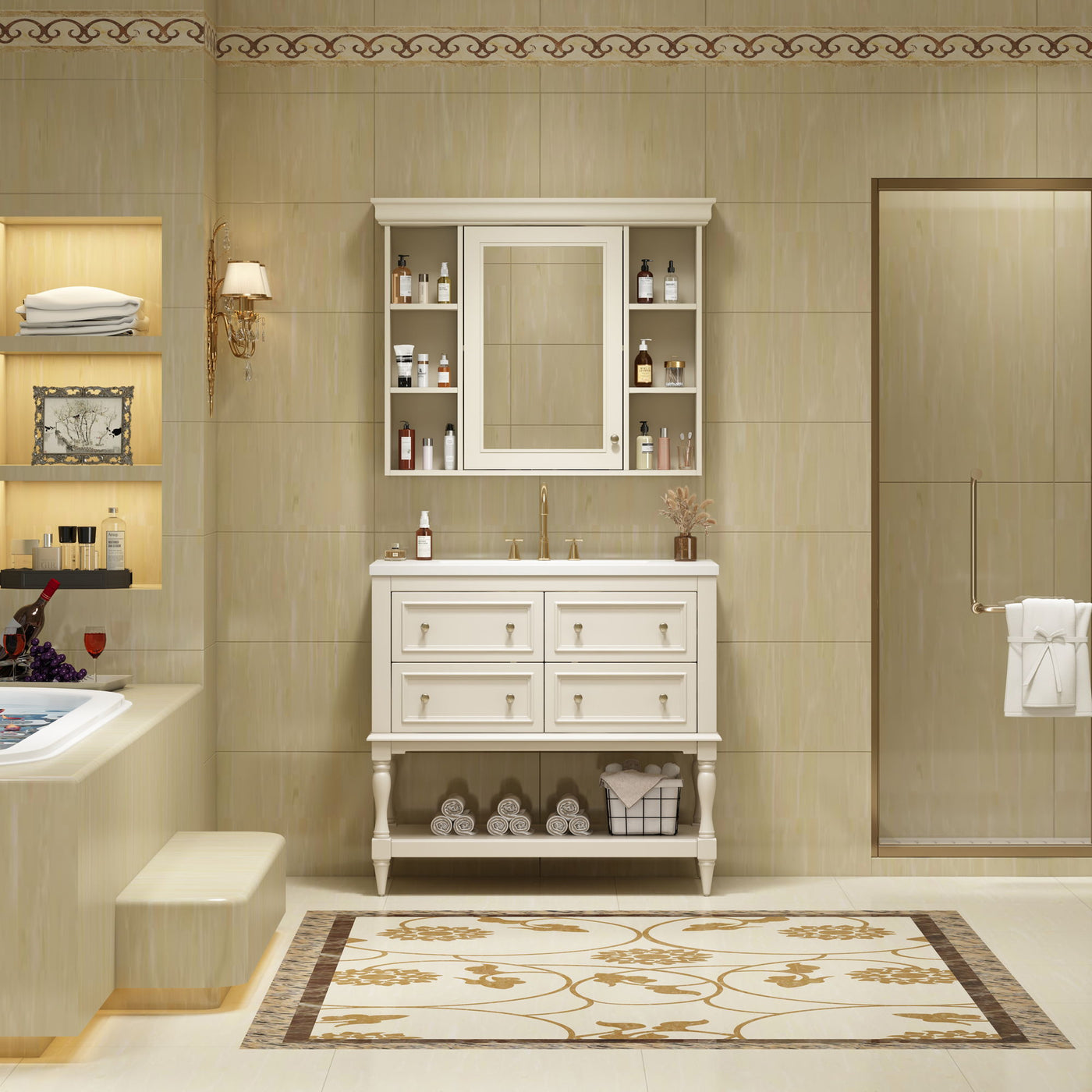 Bathroom Vanity With Medicine Cabinet, Storage Cabinet With 4 Drawers, Adjustable Shelf Mirror by Unique Piece Furniture