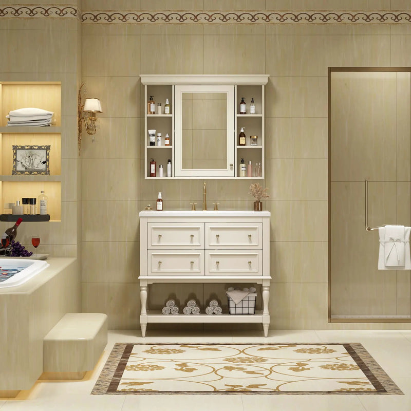 Bathroom Vanity With Medicine Cabinet, Storage Cabinet With 4 Drawers, Adjustable Shelf Mirror by Unique Piece Furniture