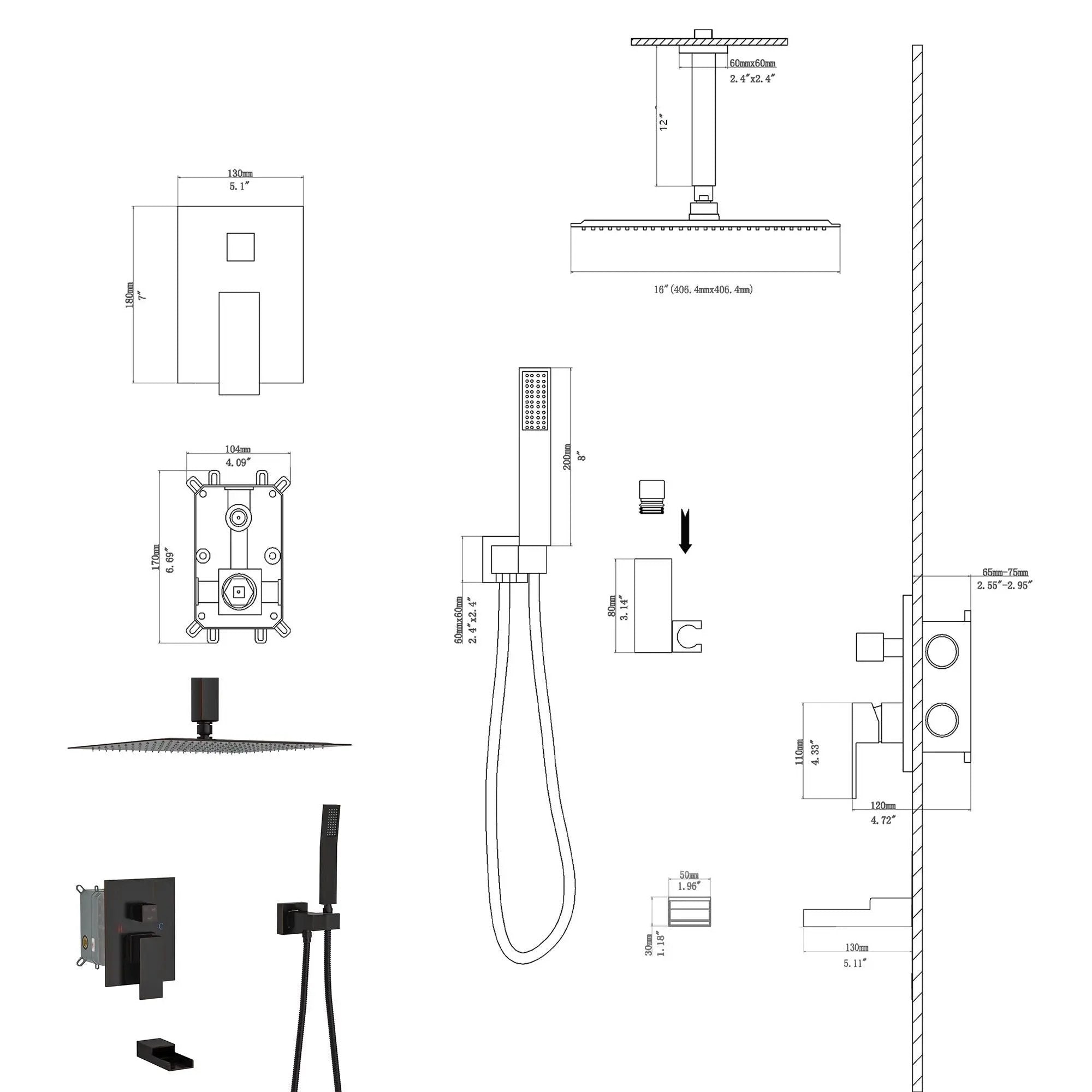 Shower System With Waterfall Tub Spout And 16" Ceiling Mount Square Rain Shower - Oil-Rubbed Bronze by HouseOfZazla